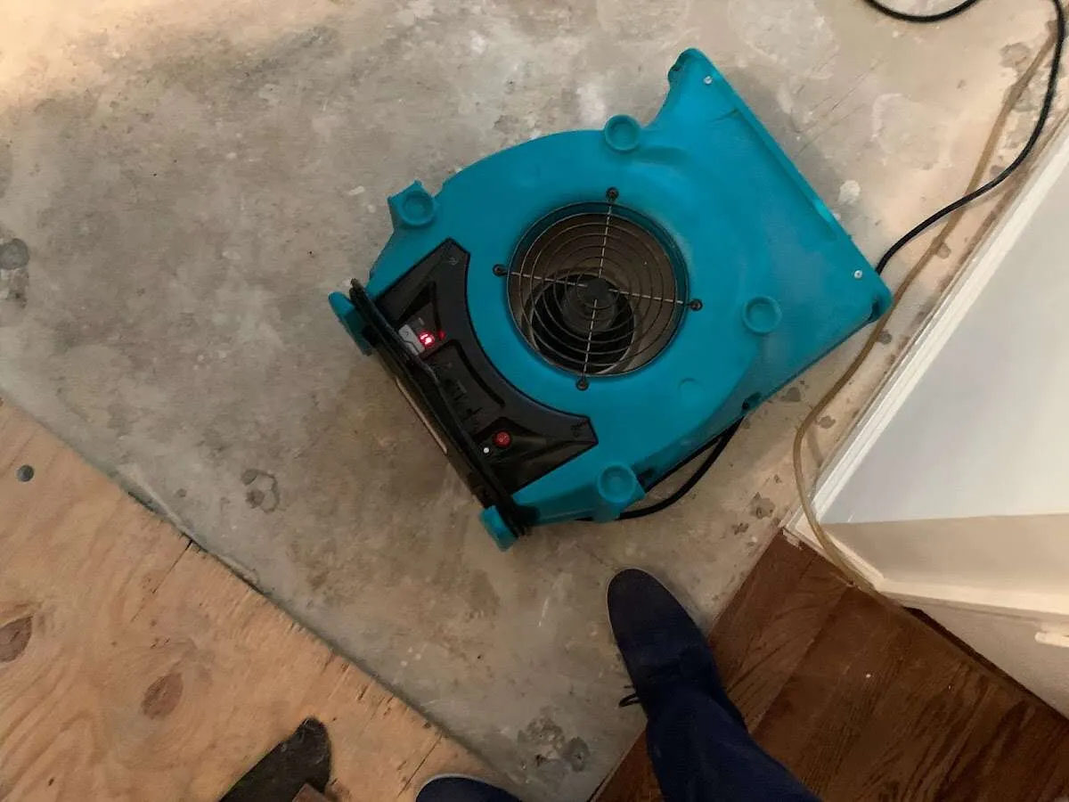 Air mover drying subfloor during Leak Detection & Repair in Pinellas Park